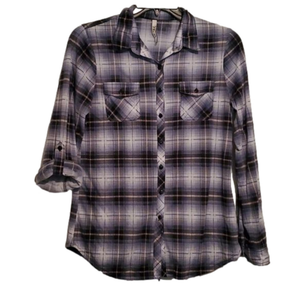 R & B Women's Long Sleeve Plaid Top Size Large